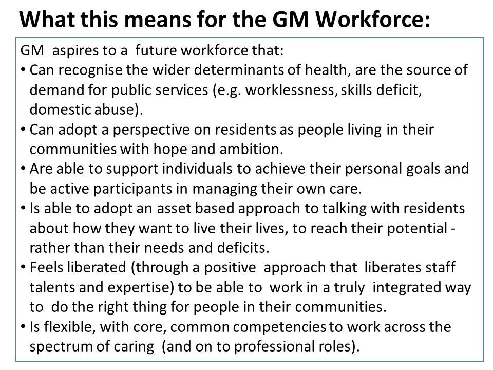 What this means for the GM Workforce: GM aspires to a future workforce that: Can recognise the wider determinants of health, are the source of demand for public services (e.g.