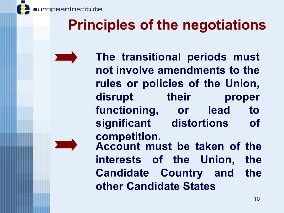 10 Account must be taken of the interests of the Union, the Candidate Country and the other Candidate States Principles of the negotiations The transitional periods must not involve amendments to the rules or policies of the Union, disrupt their proper functioning, or lead to significant distortions of competition.