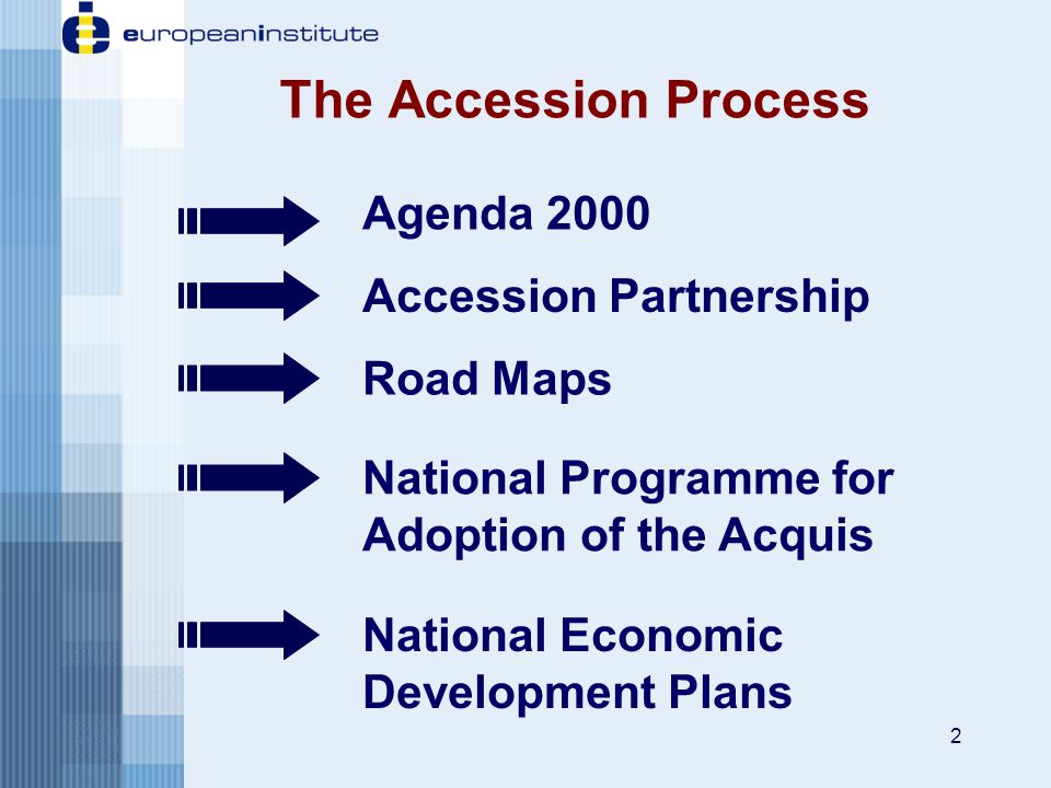 2 The Accession Process National Economic Development Plans Agenda 2000 Accession Partnership Road Maps National Programme for Adoption of the Acquis