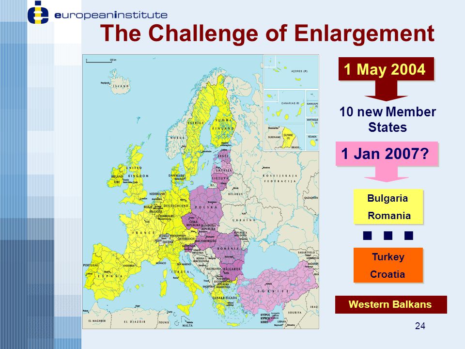 24 The Challenge of Enlargement 10 new Member States 1 May 2004 Bulgaria Romania Bulgaria Romania Turkey Croatia Turkey Croatia Western Balkans 1 Jan 2007.