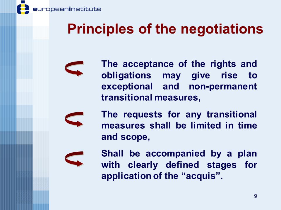 9 The acceptance of the rights and obligations may give rise to exceptional and non-permanent transitional measures, The requests for any transitional measures shall be limited in time and scope, Shall be accompanied by a plan with clearly defined stages for application of the acquis .