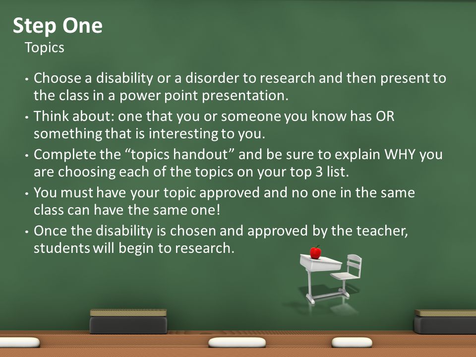 Choose a disability or a disorder to research and then present to the class in a power point presentation.