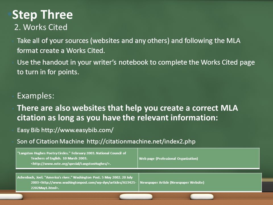 Take all of your sources (websites and any others) and following the MLA format create a Works Cited.