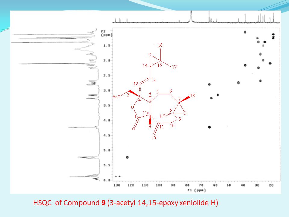 HSQC of Compound 9 (3-acetyl 14,15-epoxy xeniolide H)