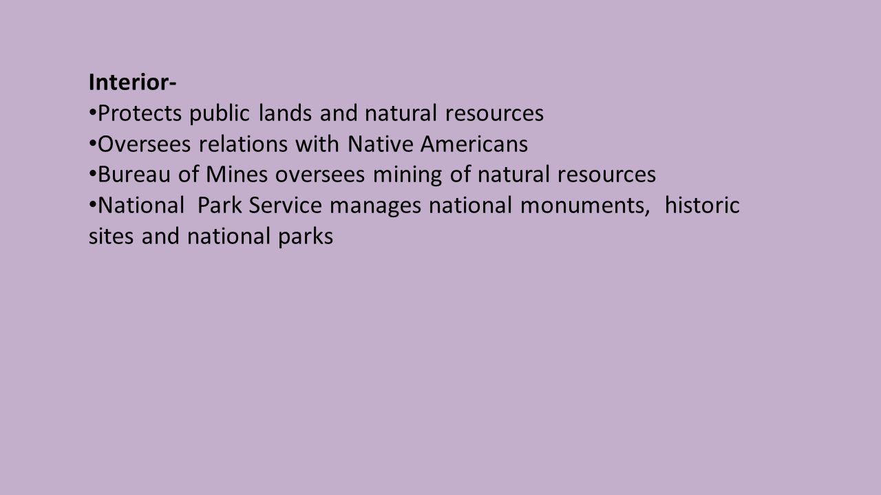 Interior- Protects public lands and natural resources Oversees relations with Native Americans Bureau of Mines oversees mining of natural resources National Park Service manages national monuments, historic sites and national parks