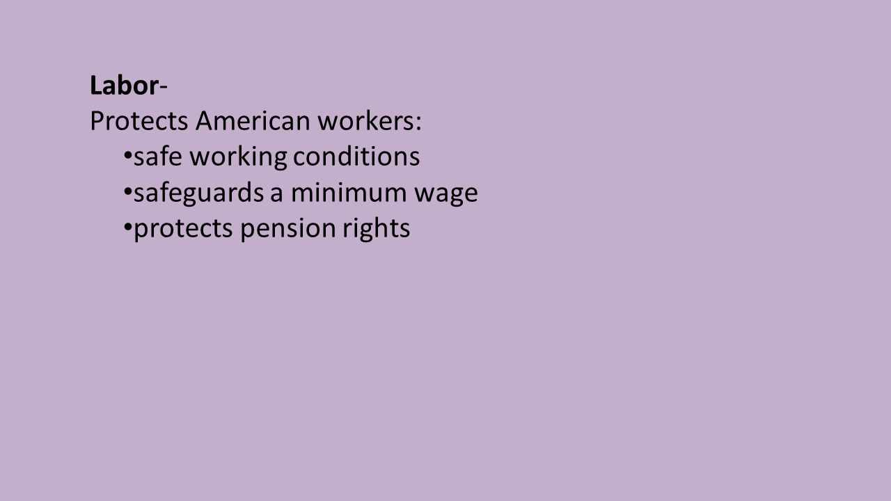 Labor- Protects American workers: safe working conditions safeguards a minimum wage protects pension rights