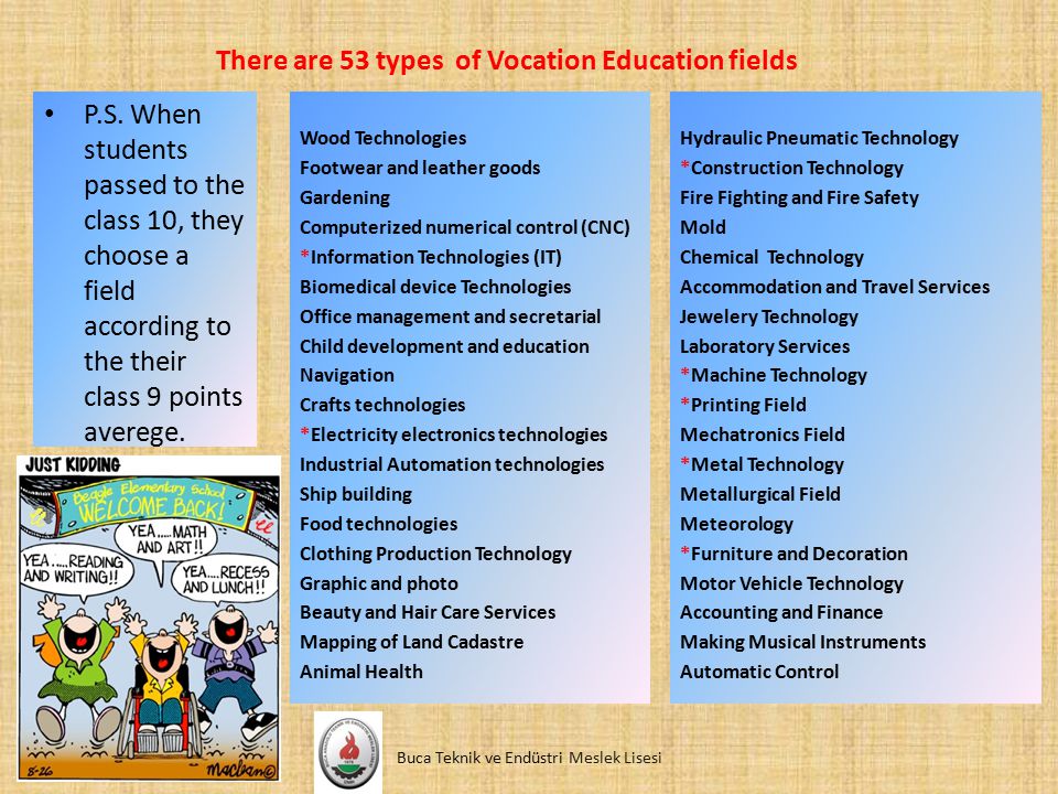 There are 53 types of Vocation Education fields Hydraulic Pneumatic Technology *Construction Technology Fire Fighting and Fire Safety Mold Chemical Technology Accommodation and Travel Services Jewelery Technology Laboratory Services *Machine Technology *Printing Field Mechatronics Field *Metal Technology Metallurgical Field Meteorology *Furniture and Decoration Motor Vehicle Technology Accounting and Finance Making Musical Instruments Automatic Control Wood Technologies Footwear and leather goods Gardening Computerized numerical control (CNC) *Information Technologies (IT) Biomedical device Technologies Office management and secretarial Child development and education Navigation Crafts technologies *Electricity electronics technologies Industrial Automation technologies Ship building Food technologies Clothing Production Technology Graphic and photo Beauty and Hair Care Services Mapping of Land Cadastre Animal Health Buca Teknik ve Endüstri Meslek Lisesi P.S.