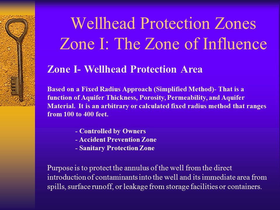 Wellhead Protection Zones Zone I: The Zone of Influence Zone I- Wellhead Protection Area Based on a Fixed Radius Approach (Simplified Method)- That is a function of Aquifer Thickness, Porosity, Permeability, and Aquifer Material.