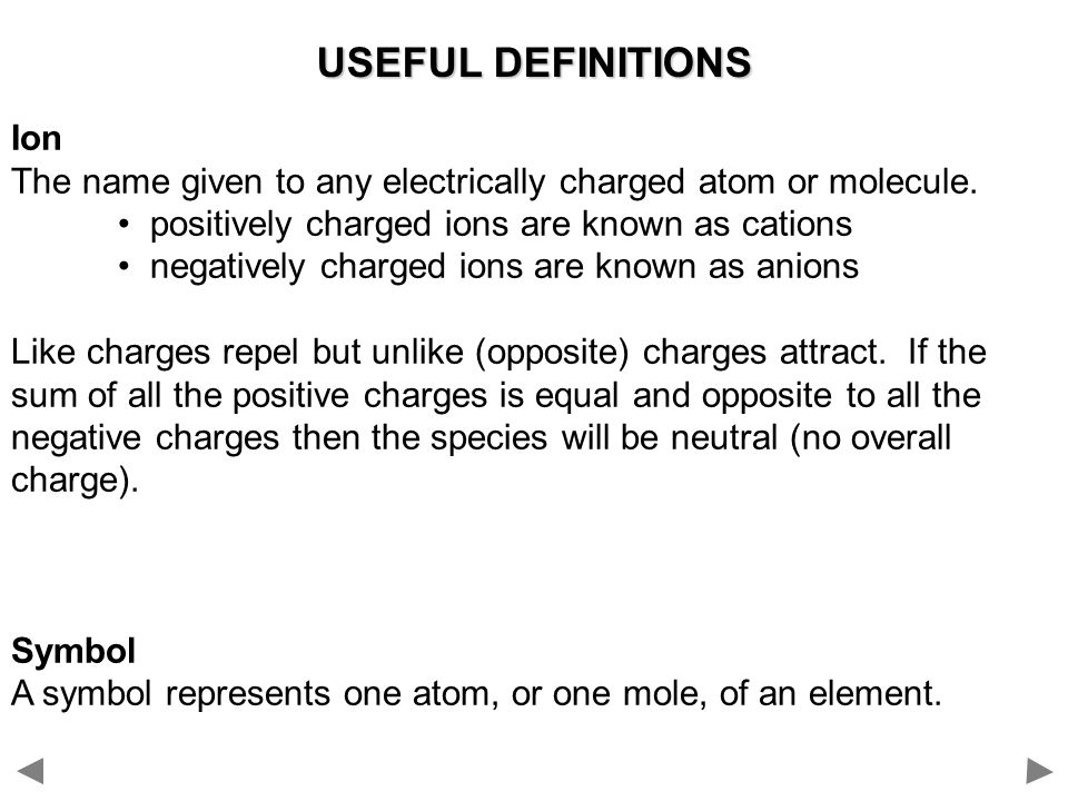 USEFUL DEFINITIONS Ion The name given to any electrically charged atom or molecule.