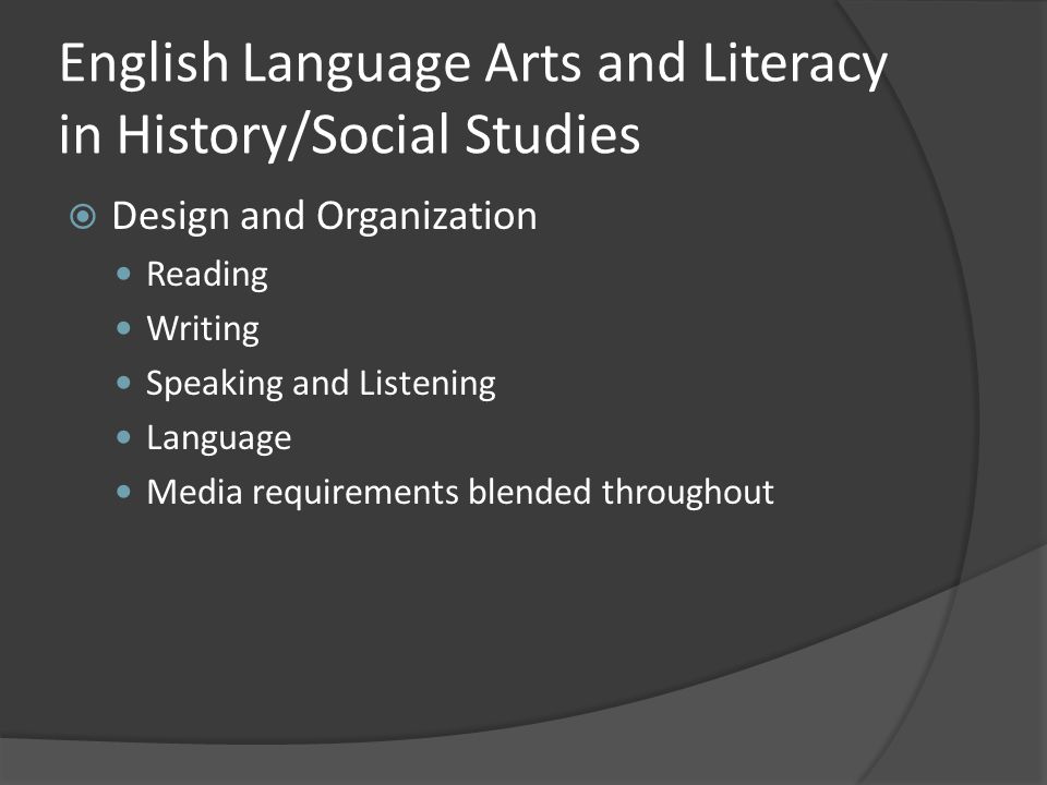 English Language Arts and Literacy in History/Social Studies  Design and Organization Reading Writing Speaking and Listening Language Media requirements blended throughout