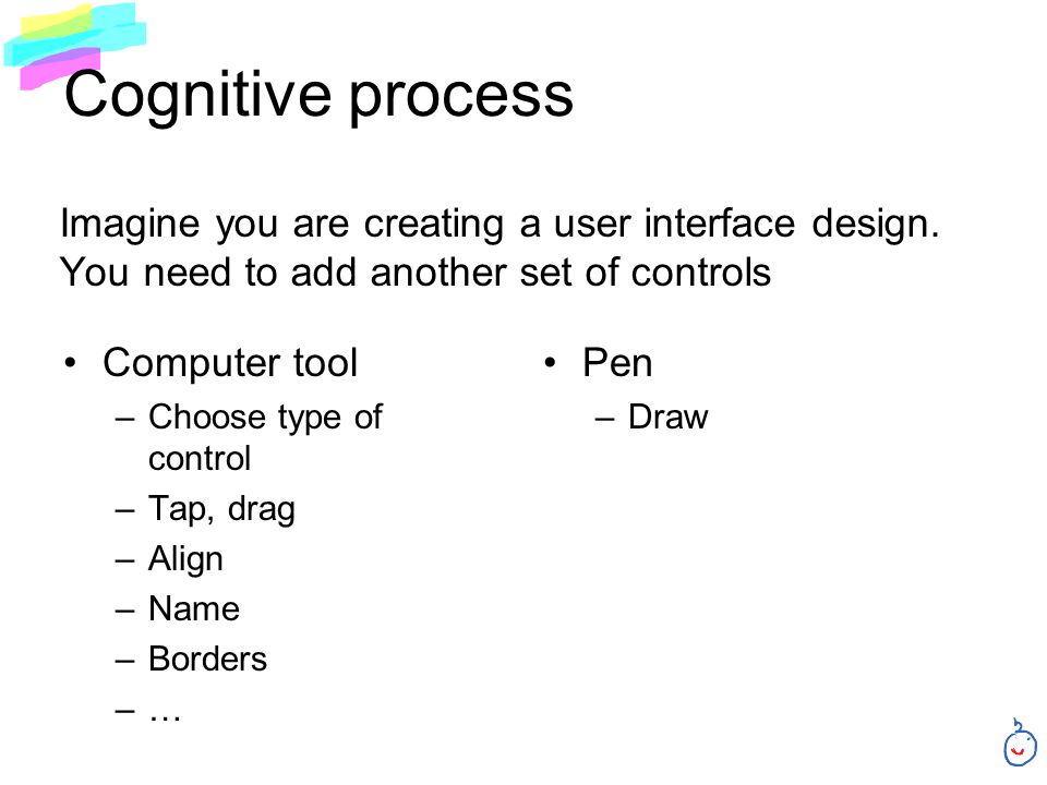 Cognitive process Computer tool –Choose type of control –Tap, drag –Align –Name –Borders –… Pen –Draw Imagine you are creating a user interface design.