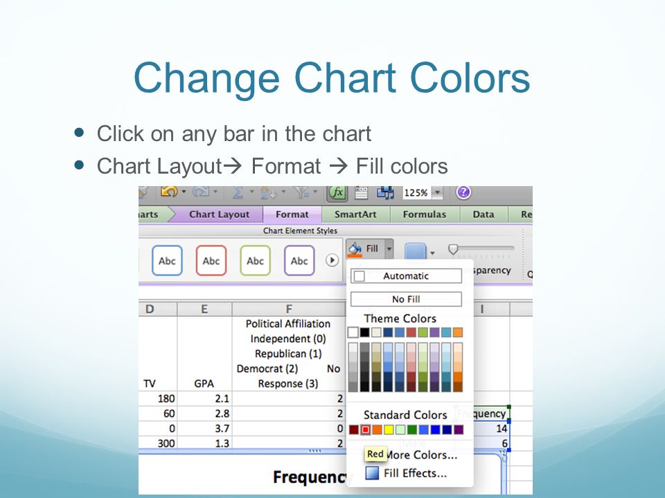 Change Chart Colors Click on any bar in the chart Chart Layout  Format  Fill colors