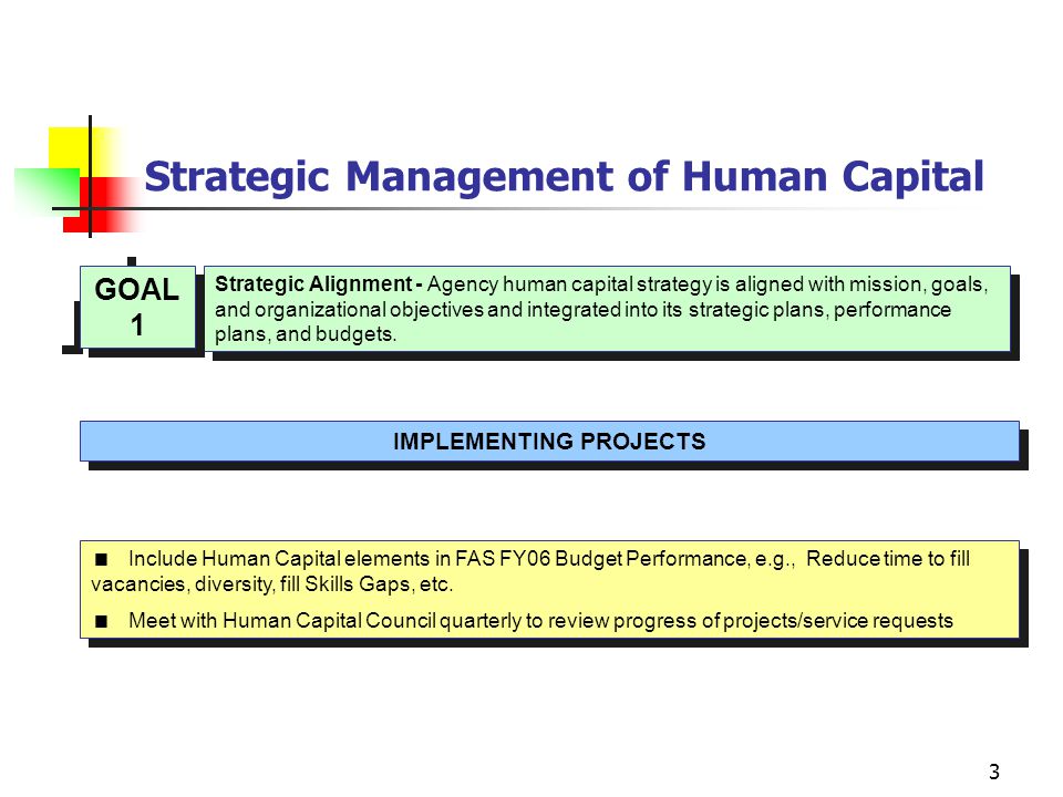 3 Strategic Management of Human Capital Strategic Alignment - Agency human capital strategy is aligned with mission, goals, and organizational objectives and integrated into its strategic plans, performance plans, and budgets.