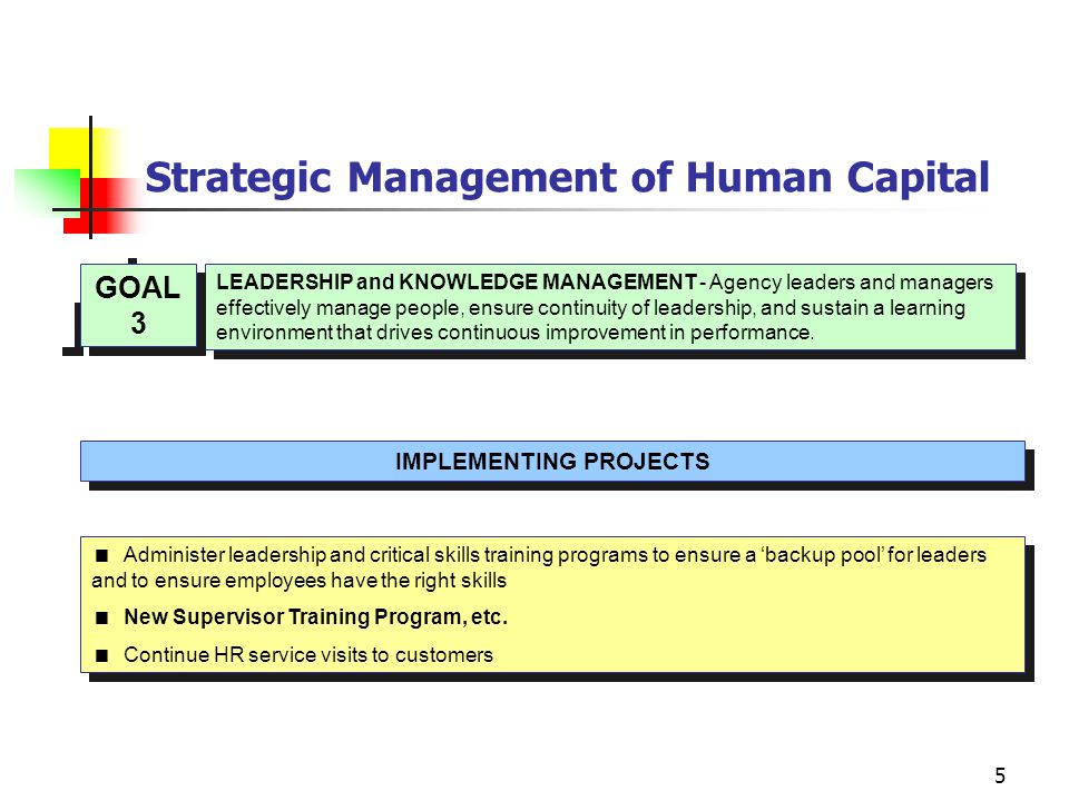 5 Strategic Management of Human Capital LEADERSHIP and KNOWLEDGE MANAGEMENT - Agency leaders and managers effectively manage people, ensure continuity of leadership, and sustain a learning environment that drives continuous improvement in performance.