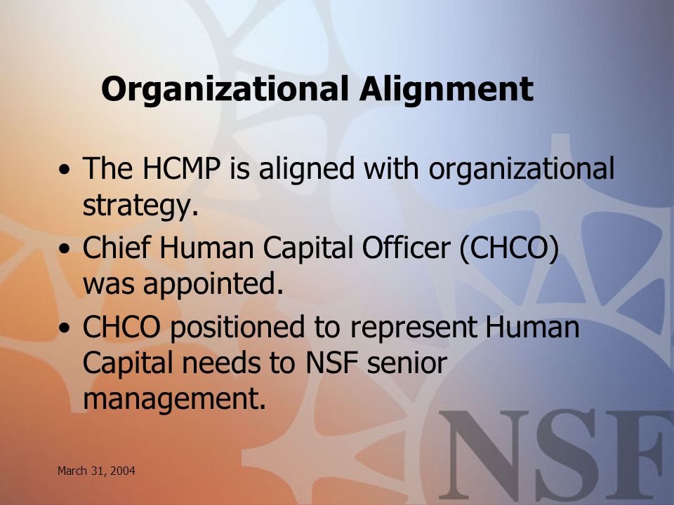 March 31, 2004 Organizational Alignment The HCMP is aligned with organizational strategy.