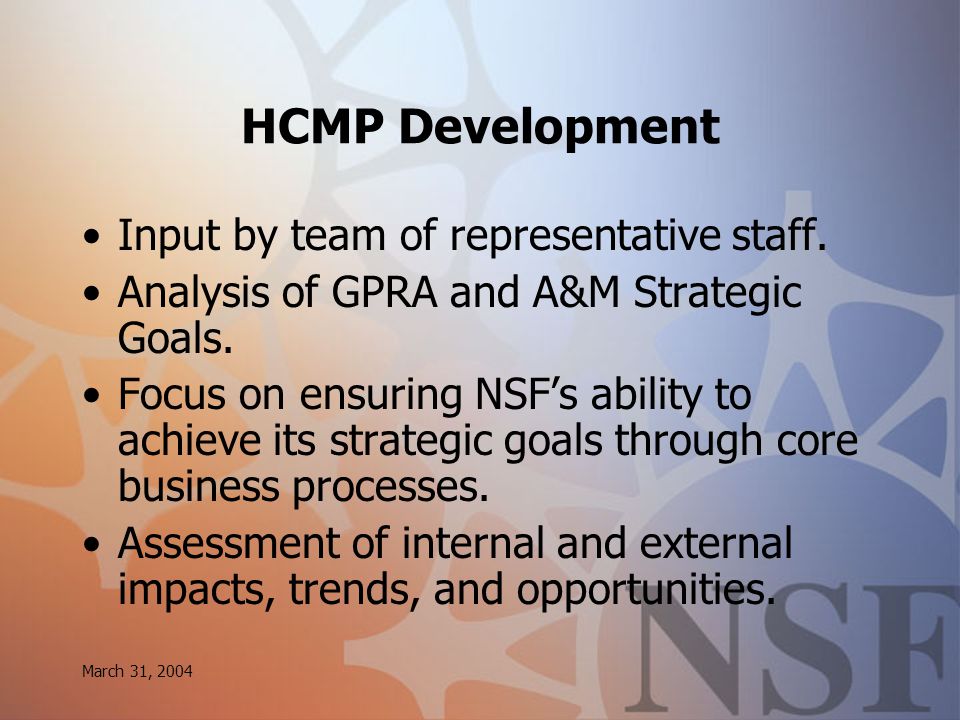 March 31, 2004 HCMP Development Input by team of representative staff.