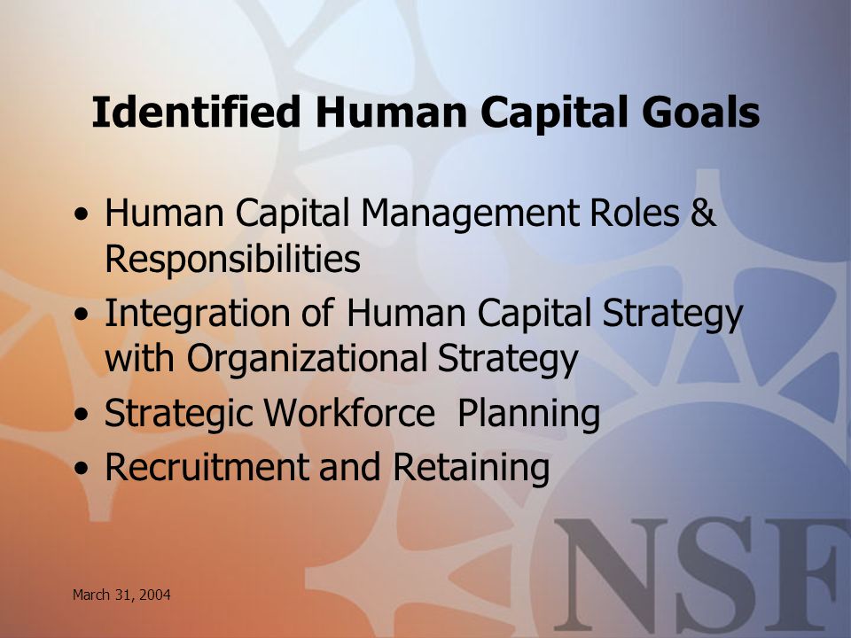 March 31, 2004 Identified Human Capital Goals Human Capital Management Roles & Responsibilities Integration of Human Capital Strategy with Organizational Strategy Strategic Workforce Planning Recruitment and Retaining