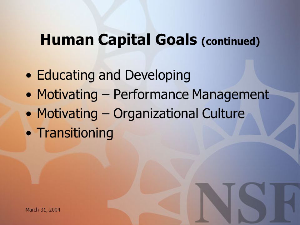 March 31, 2004 Human Capital Goals (continued) Educating and Developing Motivating – Performance Management Motivating – Organizational Culture Transitioning