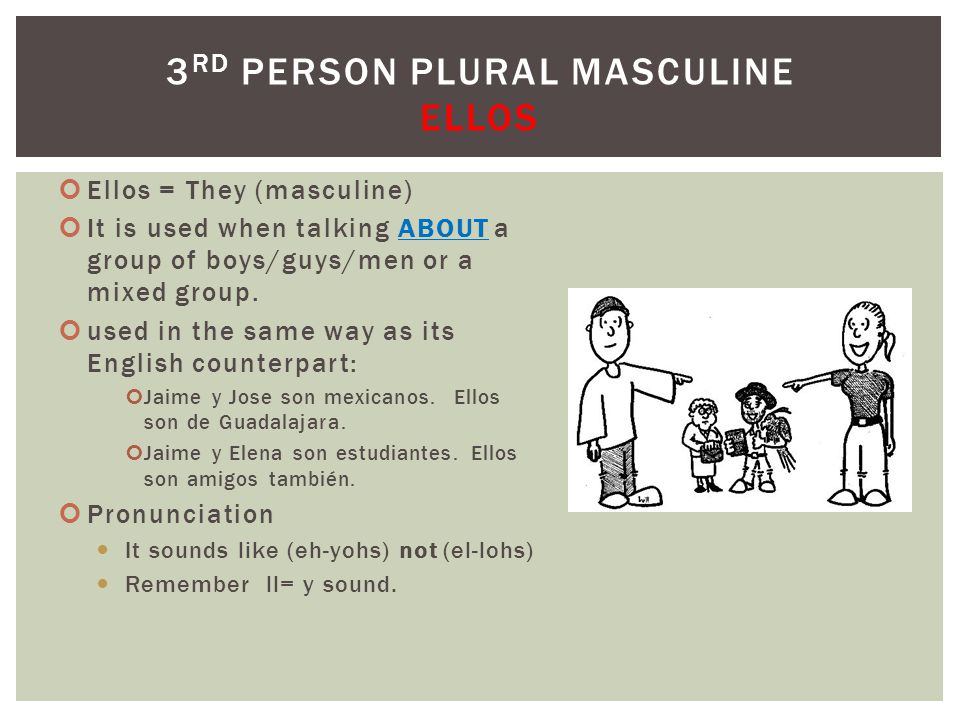 Ellos = They (masculine) It is used when talking ABOUT a group of boys/guys/men or a mixed group.