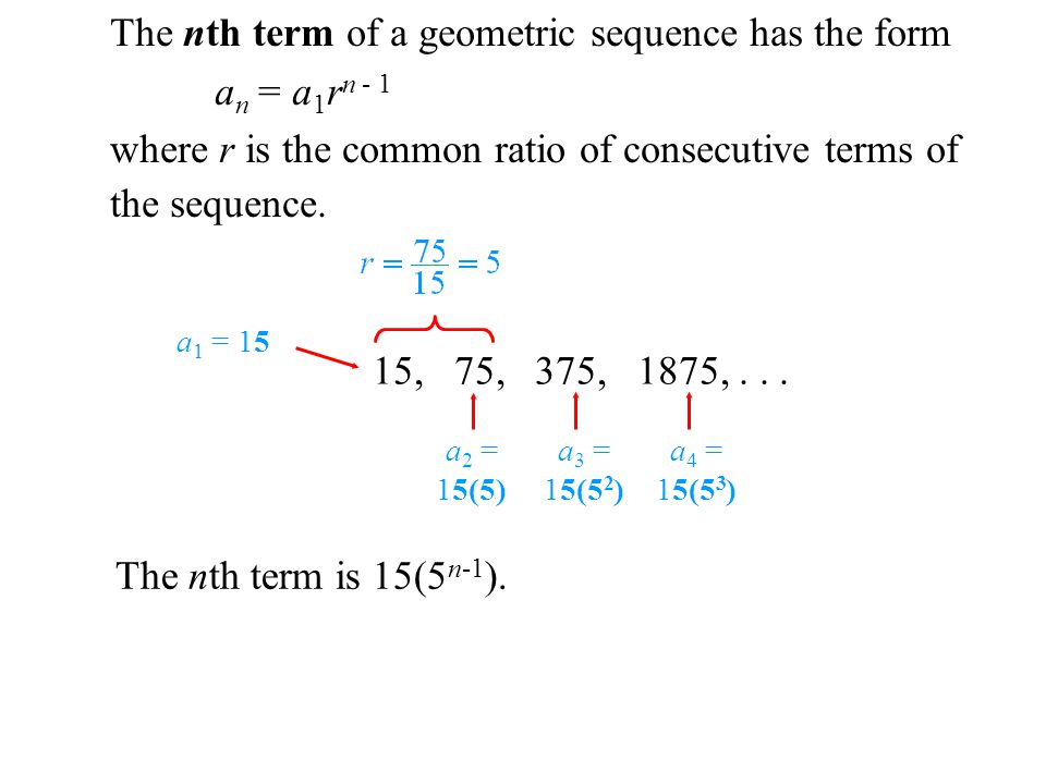 The nth term of a geometric sequence has the form a n = a 1 r n - 1 where r is the common ratio of consecutive terms of the sequence.
