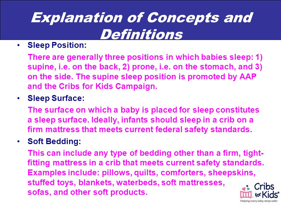 Explanation of Concepts and Definitions Sleep Position: There are generally three positions in which babies sleep: 1) supine, i.e.
