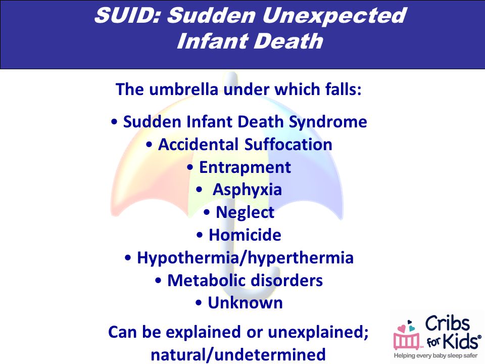 The umbrella under which falls: Sudden Infant Death Syndrome Accidental Suffocation Entrapment Asphyxia Neglect Homicide Hypothermia/hyperthermia Metabolic disorders Unknown Can be explained or unexplained; natural/undetermined SUID: Sudden Unexpected Infant Death