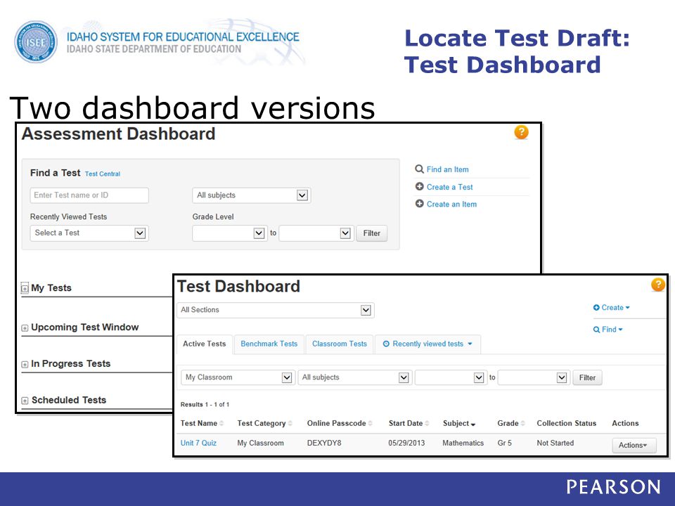Locate Test Draft: Test Dashboard Two dashboard versions