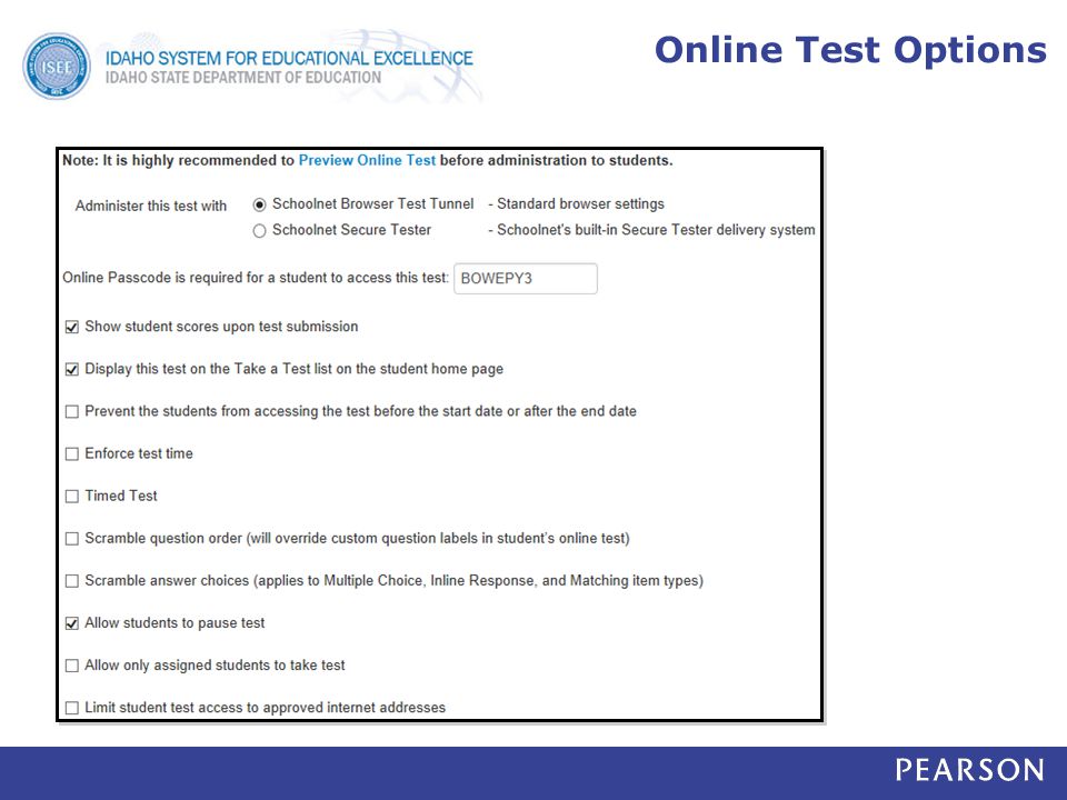 Online Test Options