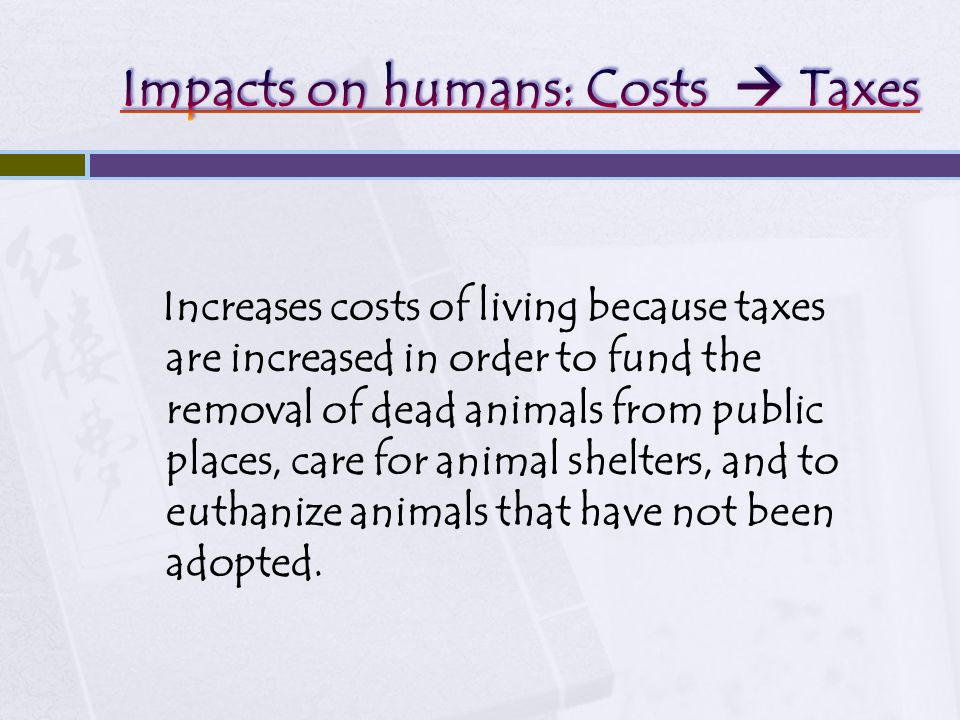 Increases costs of living because taxes are increased in order to fund the removal of dead animals from public places, care for animal shelters, and to euthanize animals that have not been adopted.