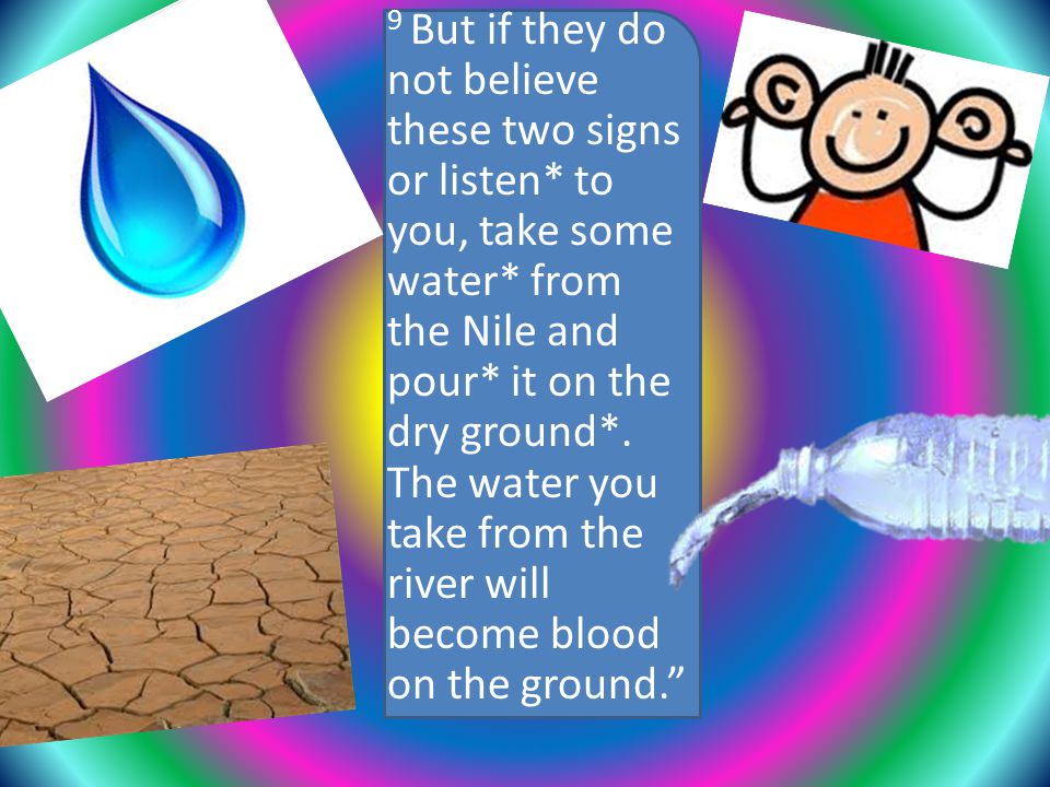 9 But if they do not believe these two signs or listen* to you, take some water* from the Nile and pour* it on the dry ground*.