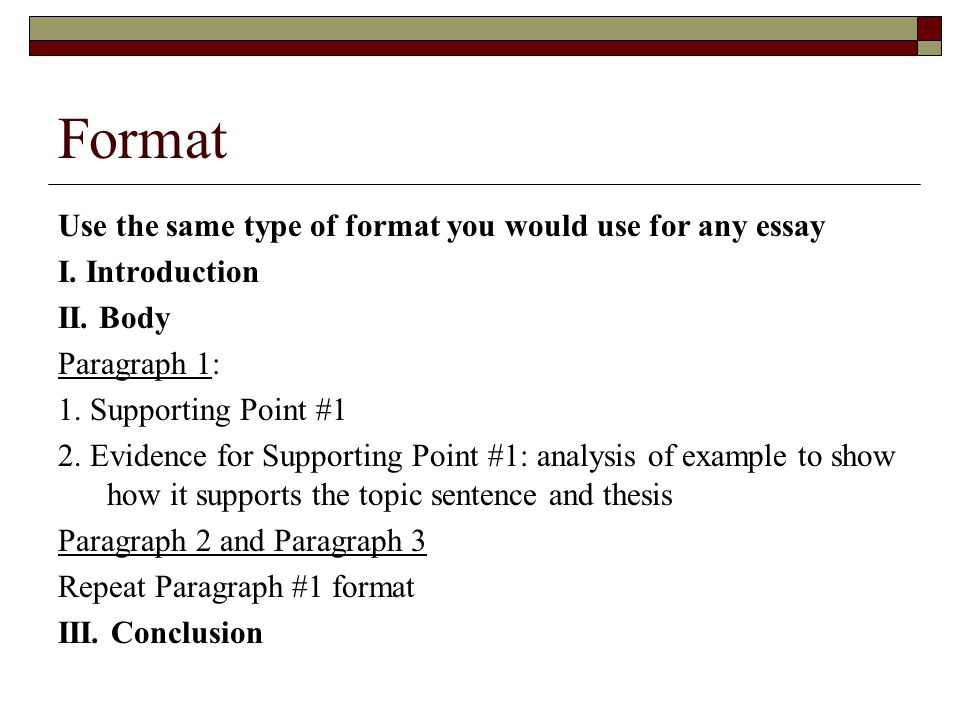 Format Use the same type of format you would use for any essay I.