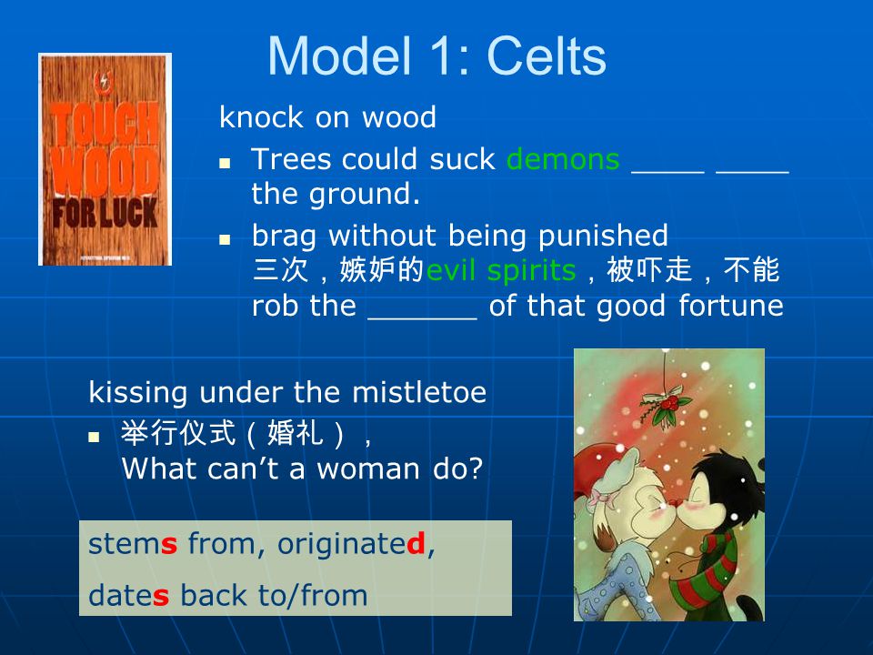 Model 1: Celts knock on wood Trees could suck demons ____ ____ the ground.