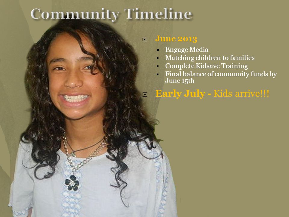  June 2013  Engage Media  Matching children to families  Complete Kidsave Training  Final balance of community funds by June 15th  Early July - Kids arrive!!!