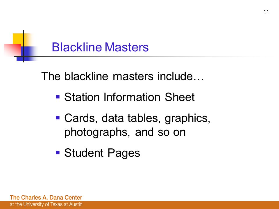 11 Blackline Masters The blackline masters include…  Station Information Sheet  Cards, data tables, graphics, photographs, and so on  Student Pages
