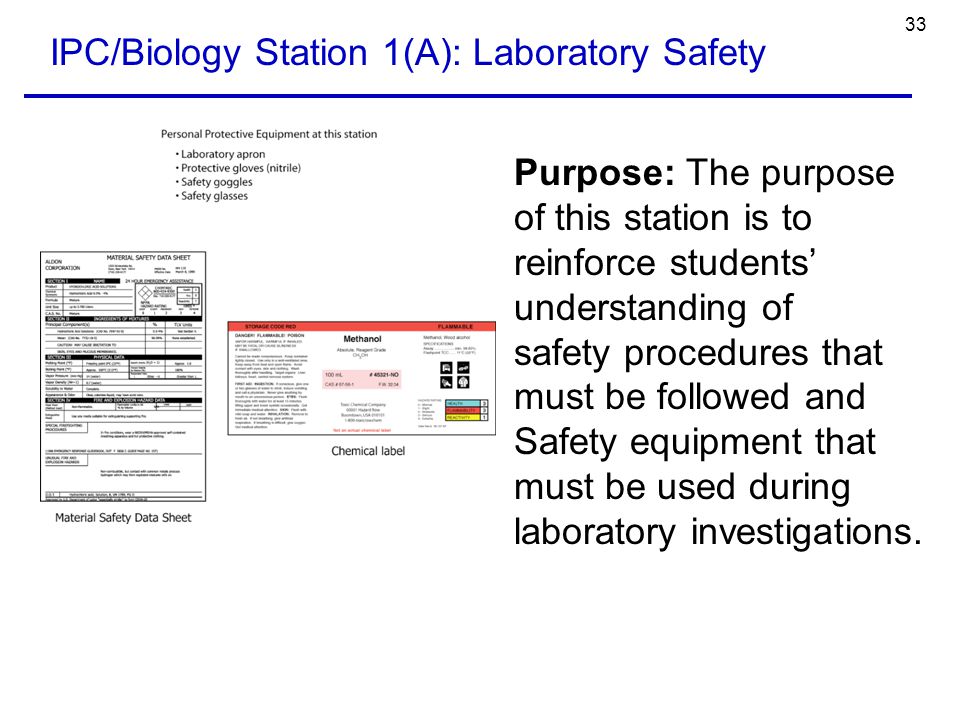 33 IPC/Biology Station 1(A): Laboratory Safety Purpose: The purpose of this station is to reinforce students’ understanding of safety procedures that must be followed and Safety equipment that must be used during laboratory investigations.