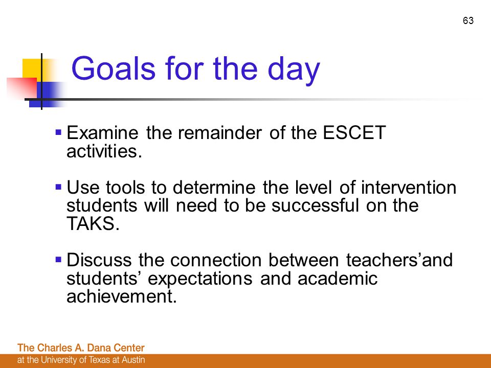 63 Goals for the day  Examine the remainder of the ESCET activities.