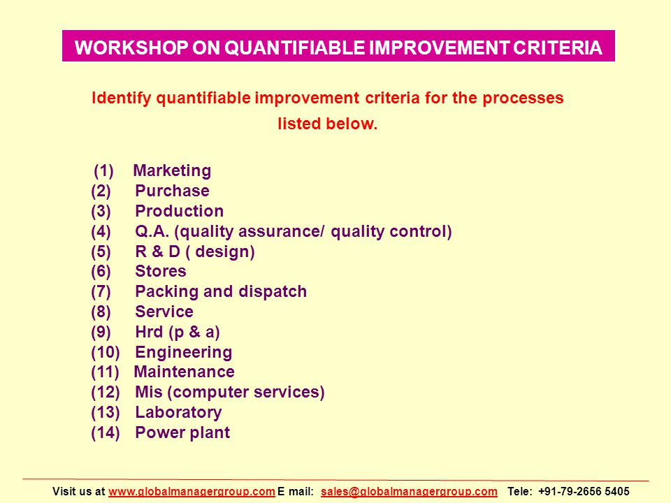 Visit us at   E mail: Tele: WORKSHOP ON QUANTIFIABLE IMPROVEMENT CRITERIA Identify quantifiable improvement criteria for the processes listed below.