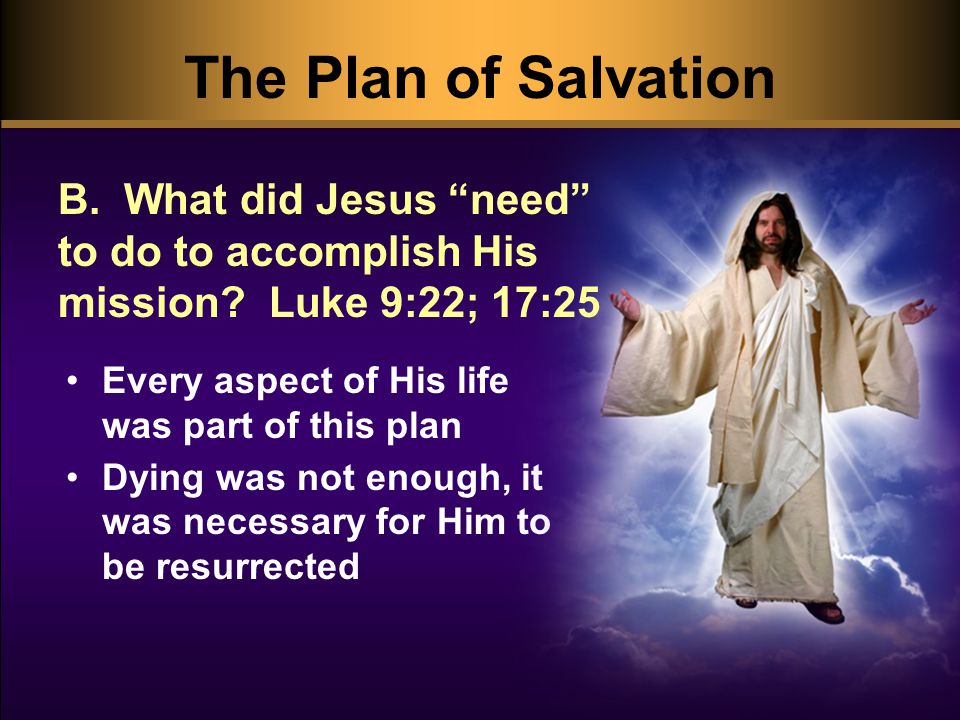 The Plan of Salvation Every aspect of His life was part of this plan Dying was not enough, it was necessary for Him to be resurrected B.