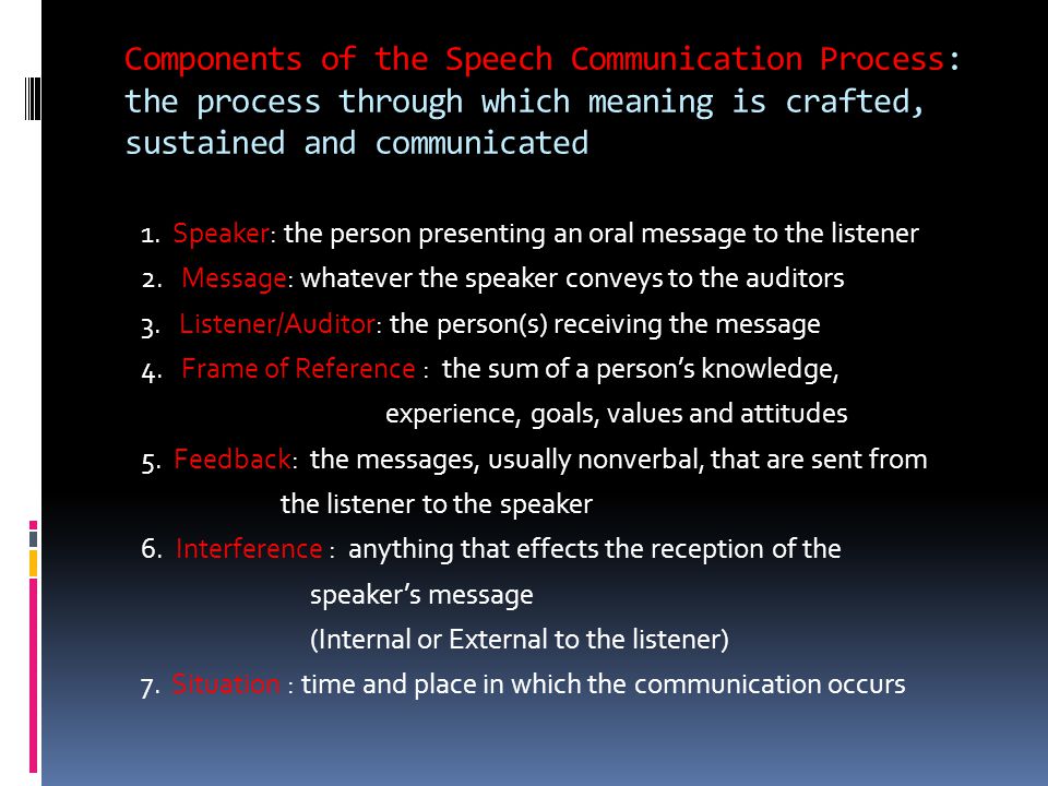 Components of the Speech Communication Process: the process through which meaning is crafted, sustained and communicated 1.