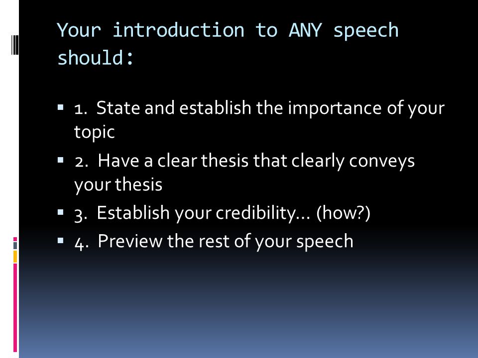 Your introduction to ANY speech should :  1. State and establish the importance of your topic  2.