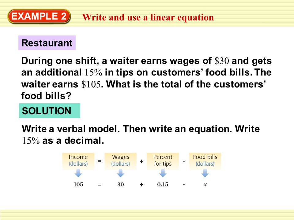 EXAMPLE 2 Write and use a linear equation During one shift, a waiter earns wages of $30 and gets an additional 15% in tips on customers’ food bills.