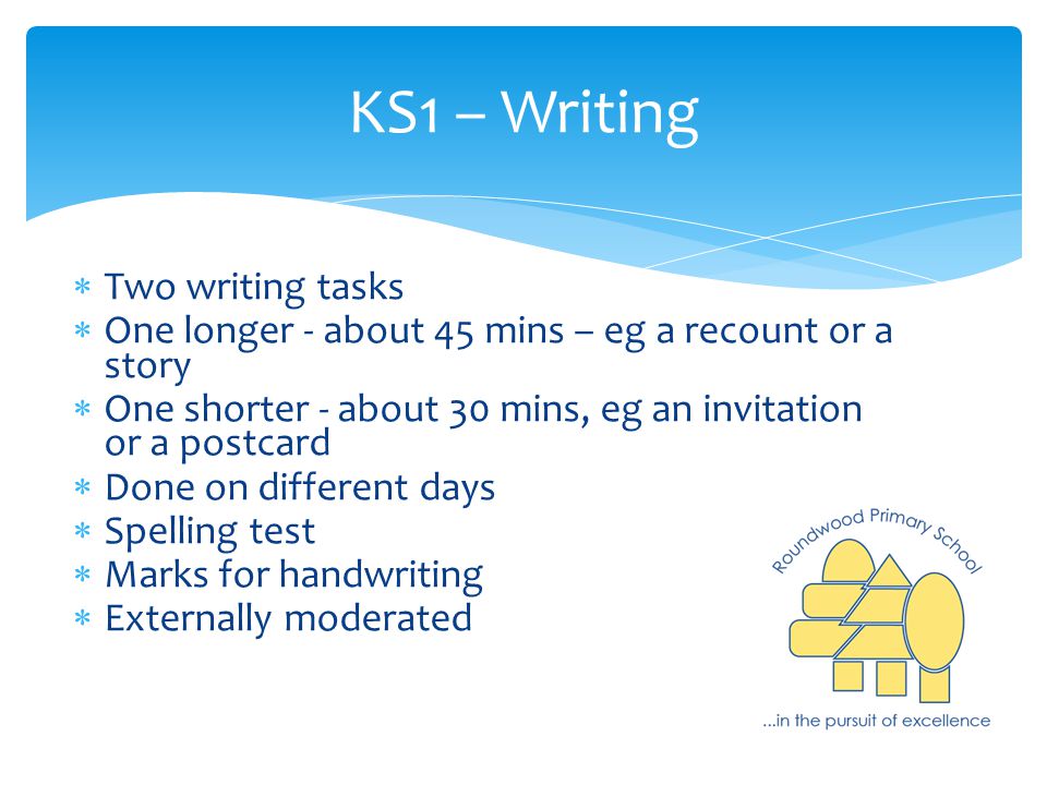 KS1 – Writing  Two writing tasks  One longer - about 45 mins – eg a recount or a story  One shorter - about 30 mins, eg an invitation or a postcard  Done on different days  Spelling test  Marks for handwriting  Externally moderated