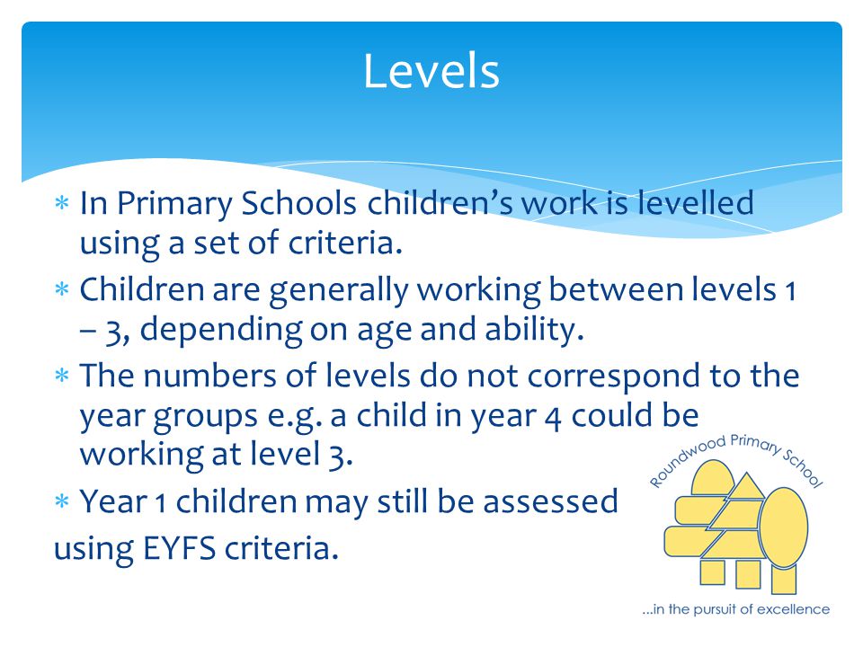 Levels  In Primary Schools children’s work is levelled using a set of criteria.