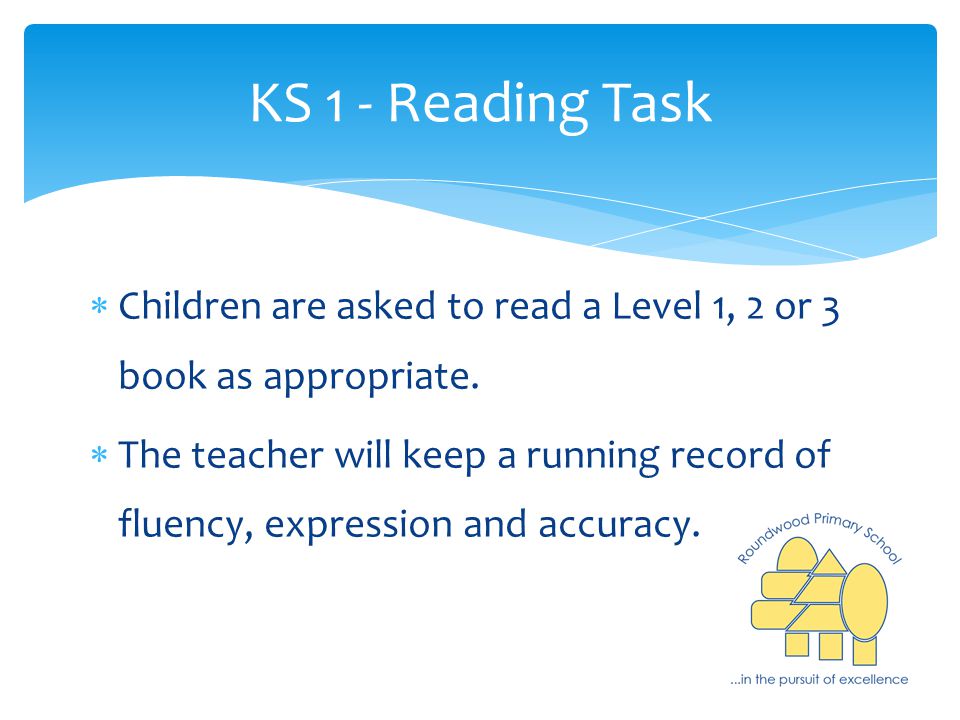 KS 1 - Reading Task  Children are asked to read a Level 1, 2 or 3 book as appropriate.