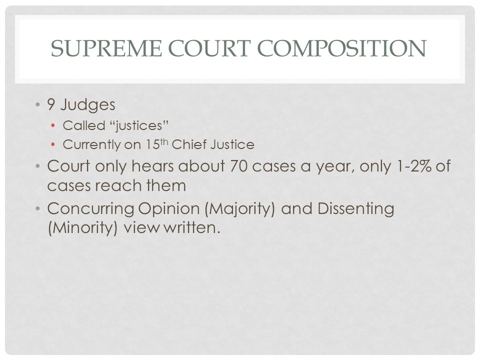 SUPREME COURT COMPOSITION 9 Judges Called justices Currently on 15 th Chief Justice Court only hears about 70 cases a year, only 1-2% of cases reach them Concurring Opinion (Majority) and Dissenting (Minority) view written.