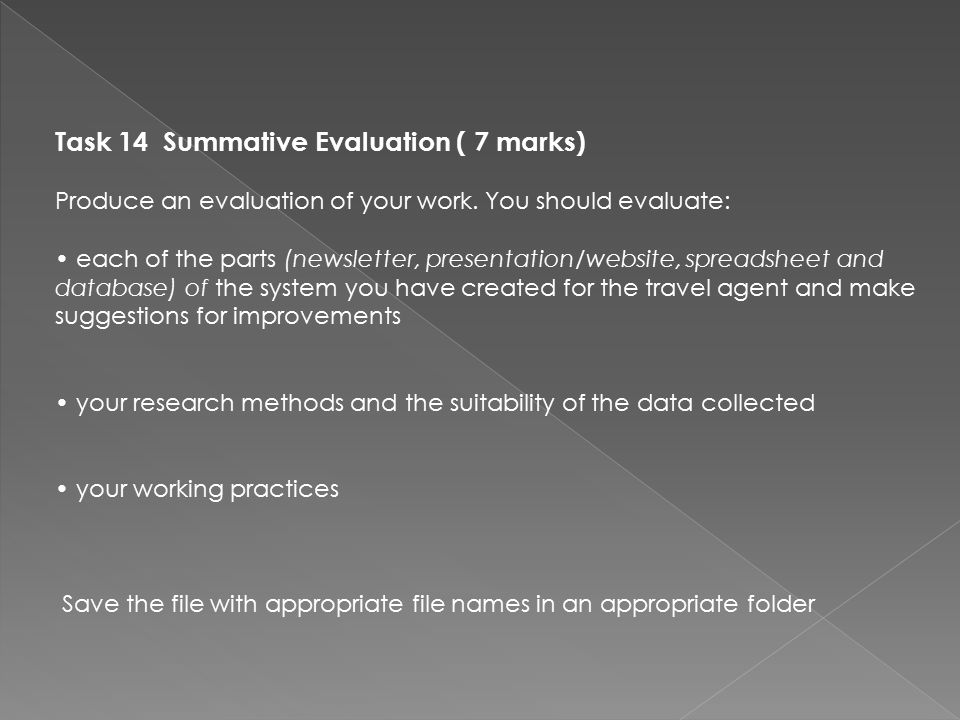 Task 14 Summative Evaluation ( 7 marks) Produce an evaluation of your work.