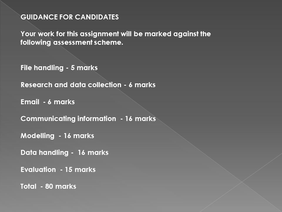 GUIDANCE FOR CANDIDATES Your work for this assignment will be marked against the following assessment scheme.