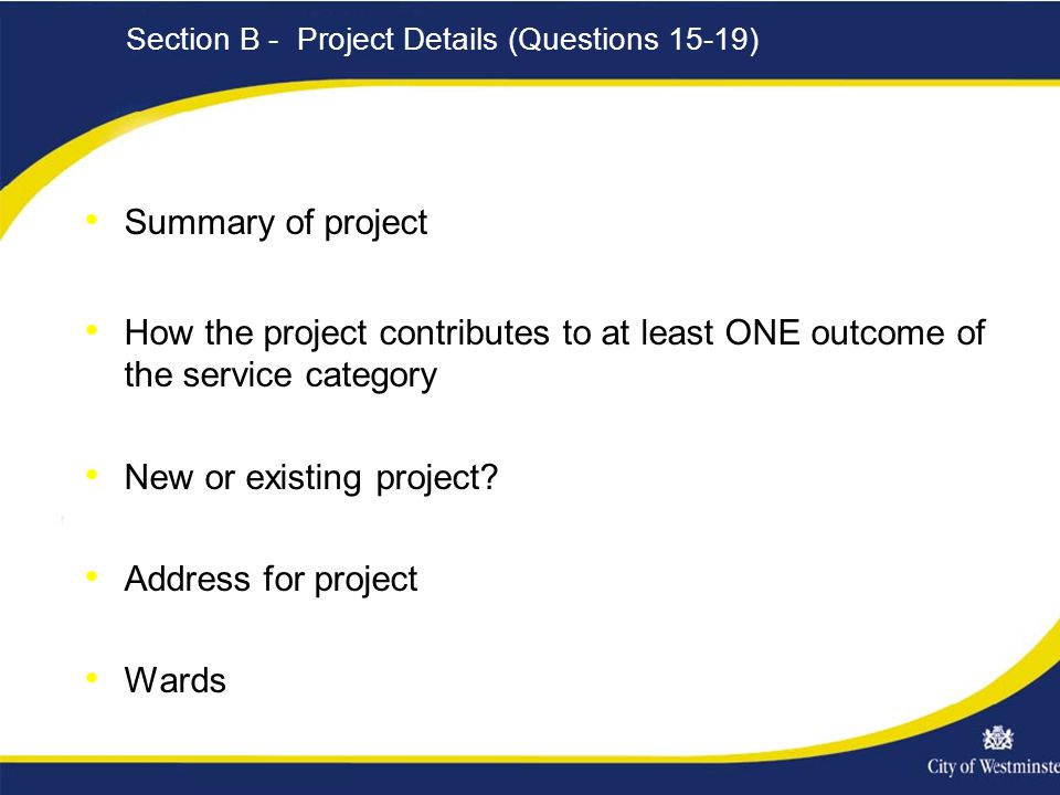 Section B - Project Details (Questions 15-19) Summary of project How the project contributes to at least ONE outcome of the service category New or existing project.