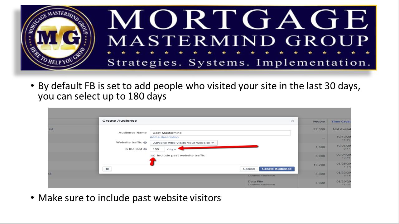 By default FB is set to add people who visited your site in the last 30 days, you can select up to 180 days Make sure to include past website visitors