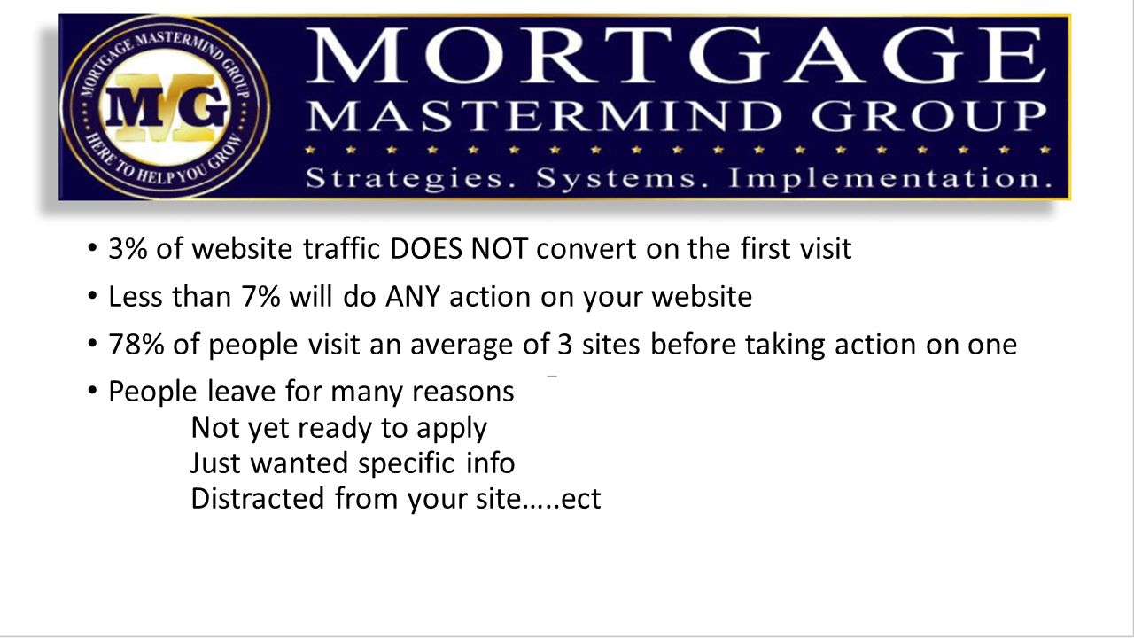 3% of website traffic DOES NOT convert on the first visit Less than 7% will do ANY action on your website 78% of people visit an average of 3 sites before taking action on one People leave for many reasons Not yet ready to apply Just wanted specific info Distracted from your site…..ect